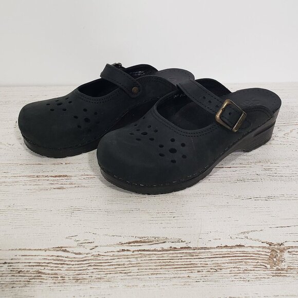 Sanita  Black Leather Open Back Clogs  US Size 6.5 - 7    (EU Size 37) cutwork - Picture 1 of 9